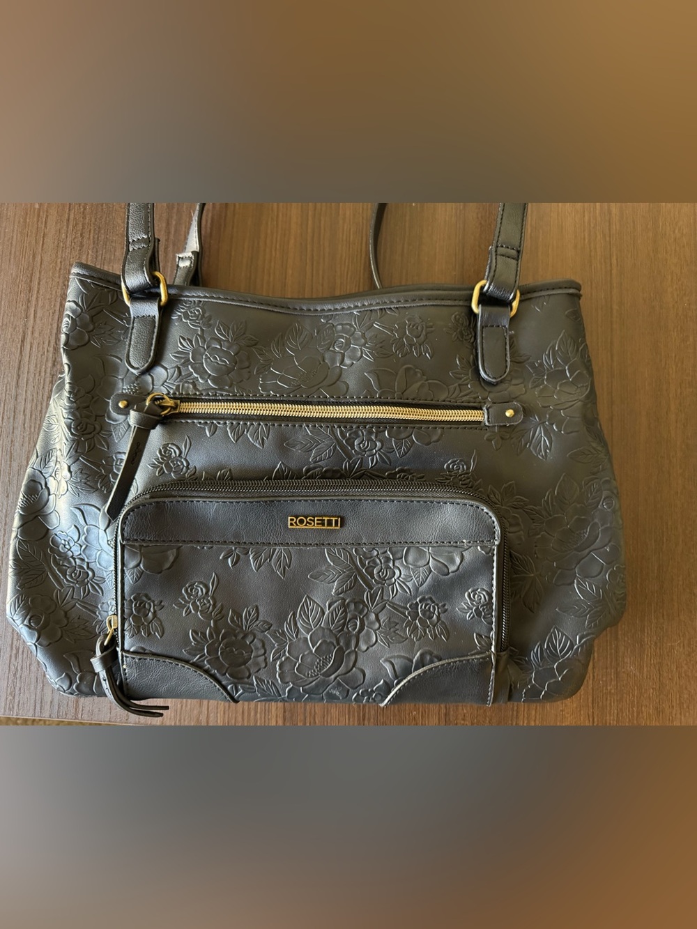 Rosetti Black Floral Embossed Tote with Gold Accents